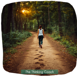 Cortical Thinking: person walking a repeated forest path, symbolizing how repetition rewires identity