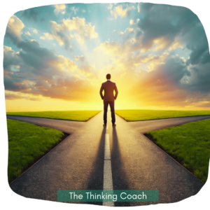 Cortical Thinking: professional standing at a crossroads, symbolizing how thoughts shape choices and energy